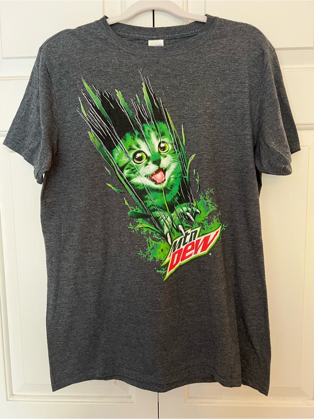 Vintage Gildan Gray Short Sleeve Tee with Neon Green Mountain Dew Cat Graphic